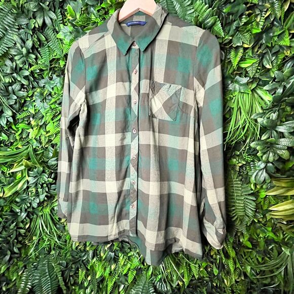 Isaac Mizrahi Live Tops Women 6‎ Green Button Shirt Blouse Collared Plaid 0534 - Picture 9 of 13